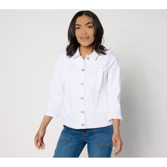 LOGO by Lori Goldstein Women's Jacket Sz 12 Denim with Ruffle White A648219 - Picture 1 of 4